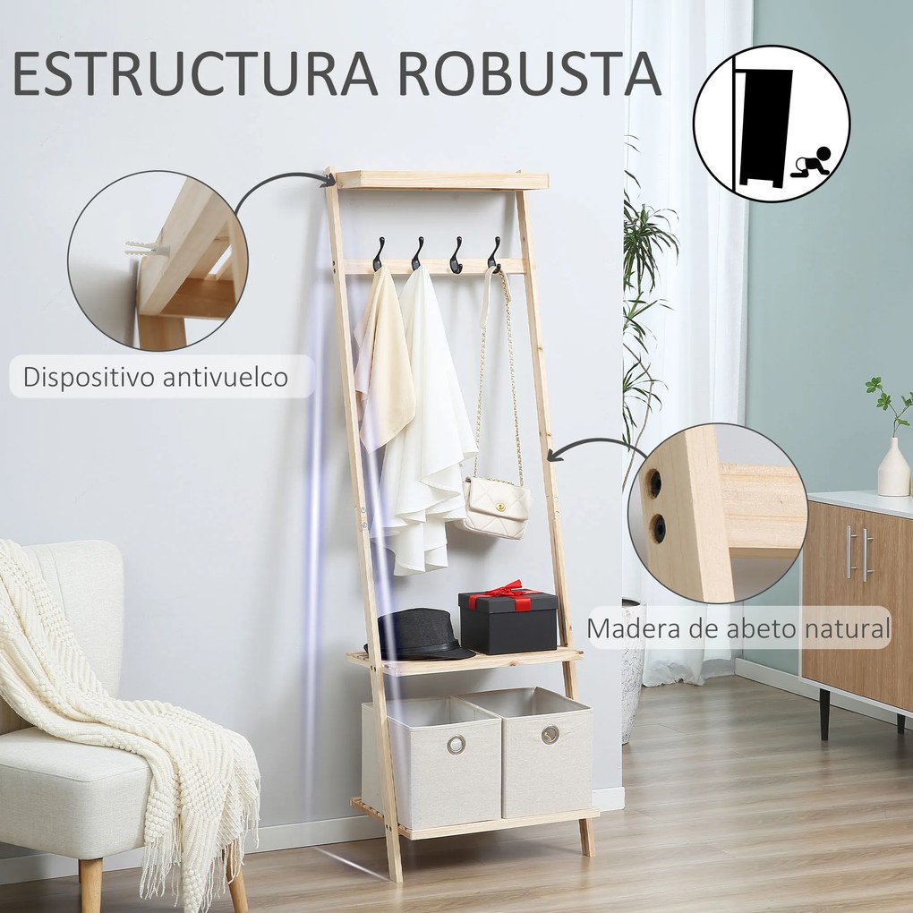 HOMCOM Suporte para Cabides de Madeira Cabideiro com Prateleiras 2 Gavetas de Tecido e 4 Ganchos para Pendurar Roupas Bolsas para Entrada Dormitório 55x37x173cm Madeira
