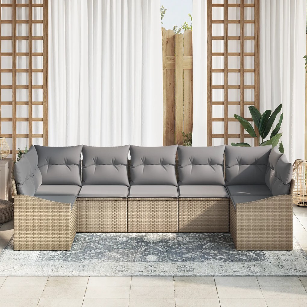 Conjunto de Jantar de Jardim de 7 Peças com Almofadas Bege em Rattan S