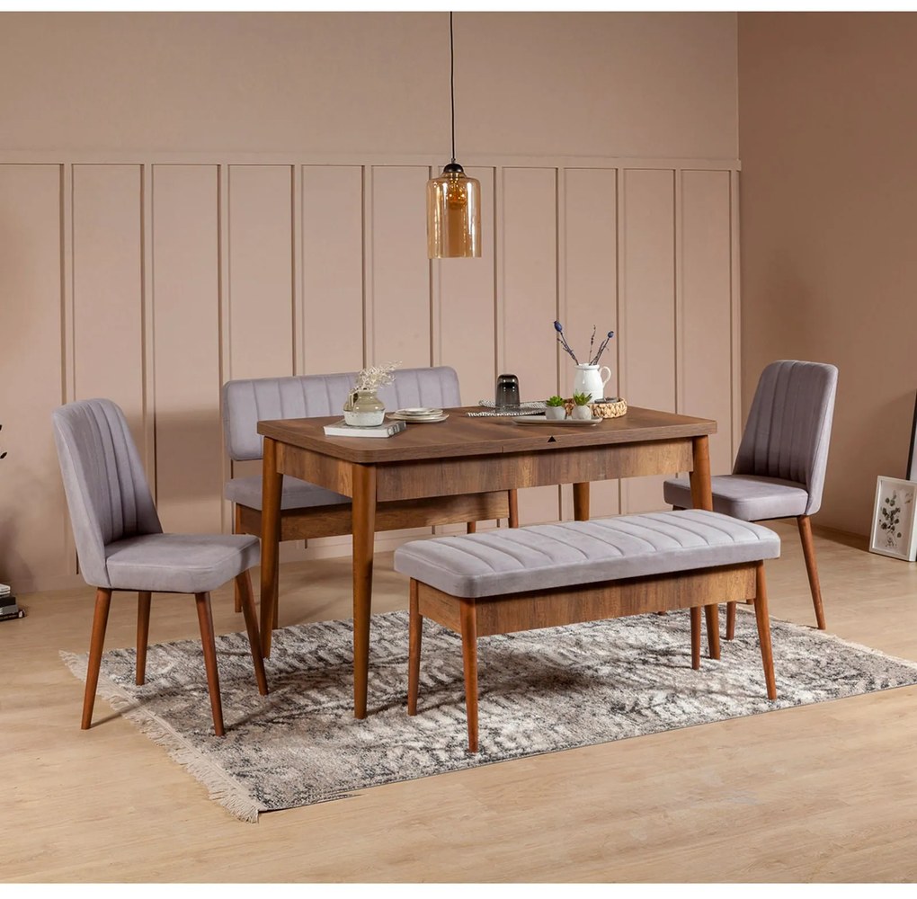 Conjunto de Mesa de Jantar Extensível e Cadeiras Vina – Nogueira – Mes