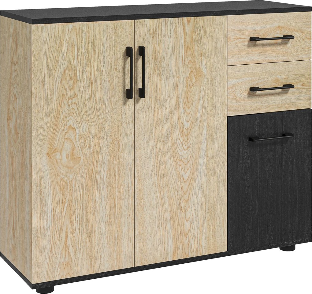 HOMCOM Aparador Estreito para Sala com 2 Portas, 2 Gavetas e Prateleira Ajustável 90x30x75,5 cm Natural e Preto | Aosom Portugal