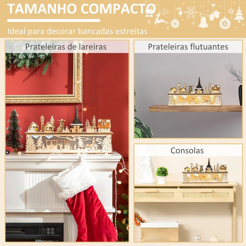 Casa de Vila de Natal com 10 Luzes Cena Natalícia Iluminada Decoração de Natal para Escritório Mesa Lareiras 45x10x25cm Madeira