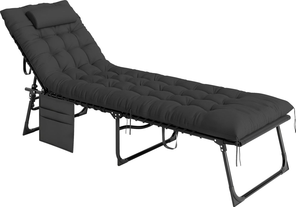 Outsunny Espreguiçadeira Dobrável com Encosto Regulável, Espreguiçadeira de Jardim Portátil com Almofada, Apoio de Cabeça, Bolso Lateral Porta-objetos e Alças, 58x189x32.5 cm, Preto | Aosom Portugal