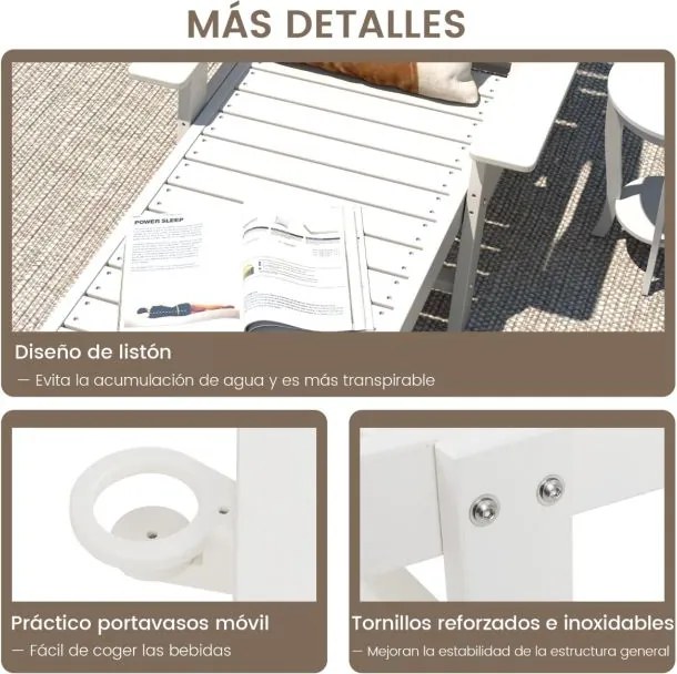 Espreguiçadeira com encosto ajustável em 4 posições, porta-copos e apoios de braços para piscina ou jardim 196-169 x 75 x 31,5-65 cm branca