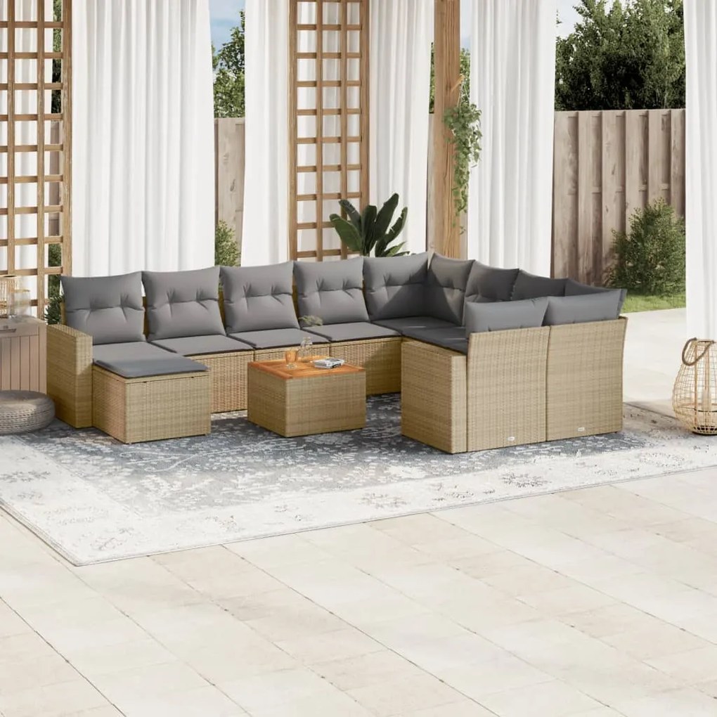 vidaXL 11 pcs conj. sofás jardim c/ almofadões vime PE bege misturado