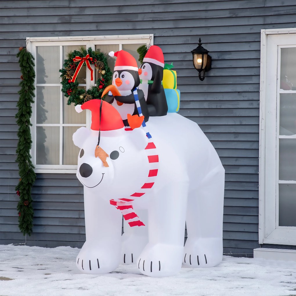 Urso Polar Insuflável, 227 x 113 x 206 cm, Luzes LED, Branco, Vermelho e Preto