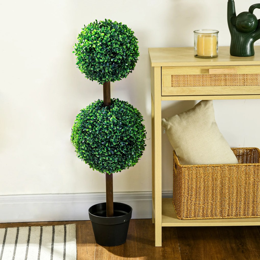 Conjunto de 2 árvores artificiais com duas esferas, incluindo tronco e vaso - altura 90 cm, verde