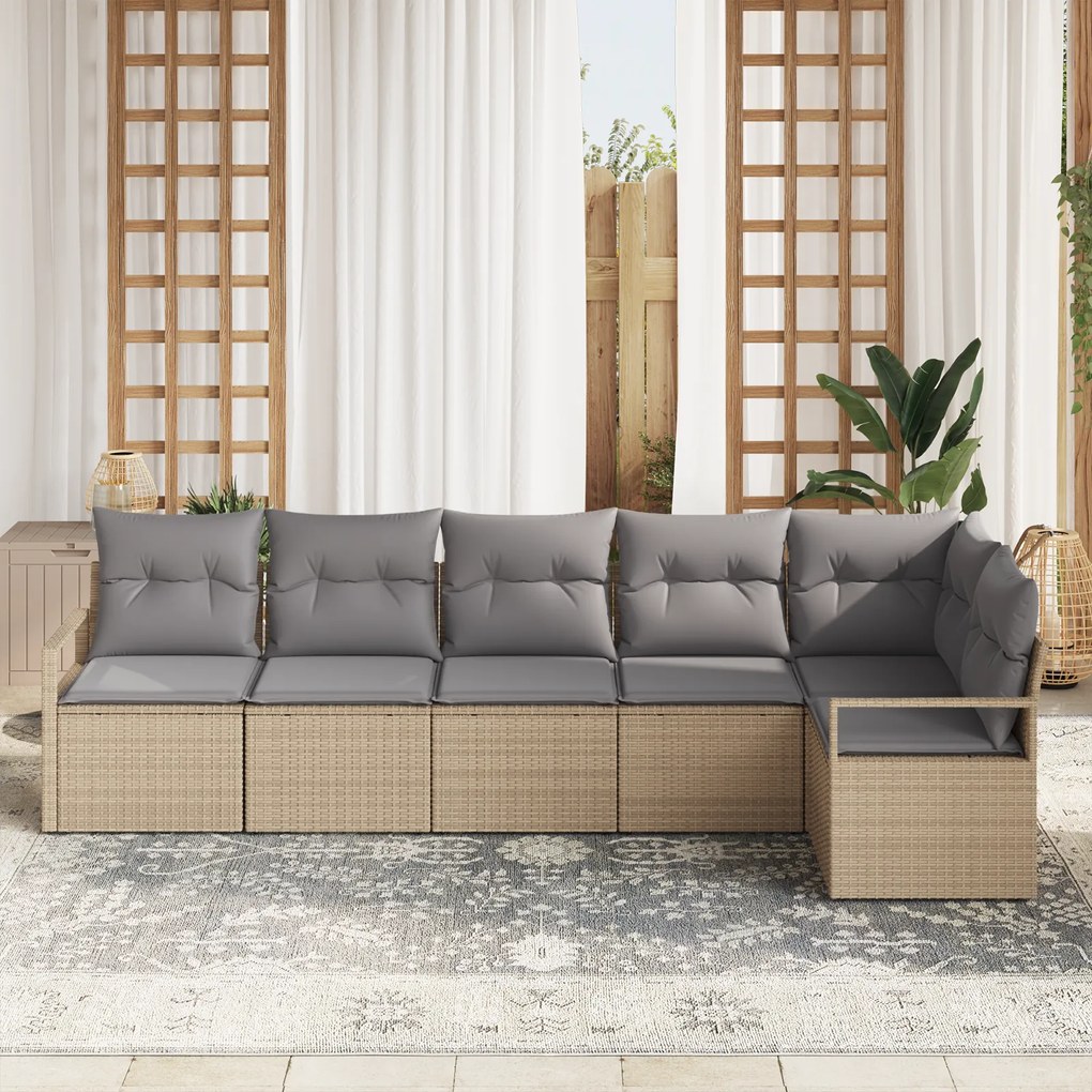 Conjunto de Sofá de Jardim de 6 Peças com Almofadas Bege Vime Sintétic