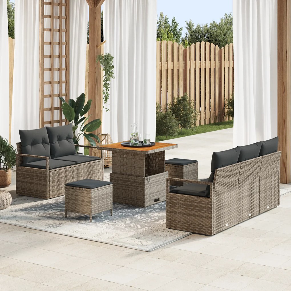 Conjunto de Sofás para Jardim vidaXL 8 Peças com Almofadas Cinza Rattan Sintético Madeira de Acácia