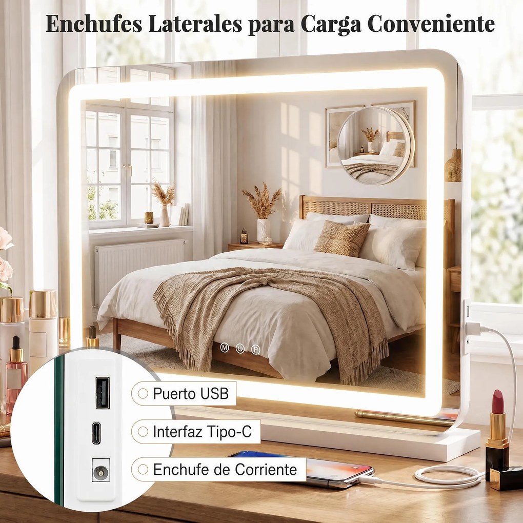 Espelho de Maquilhagem com Luz LED, 58 x 10 x 45 cm, Lupa de 10 Aumentos, Branco