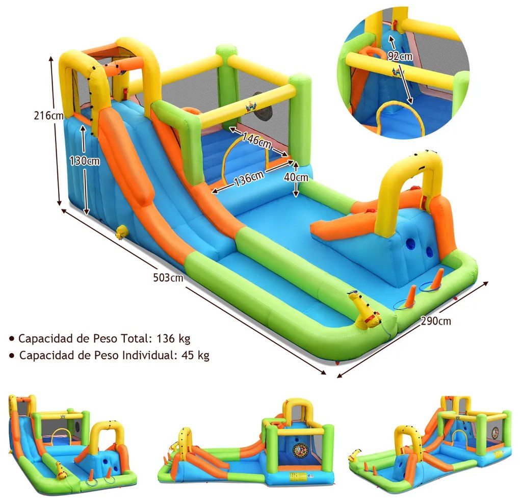 Parque aquático insuflável com soprador, escorrega, cesto de basquetebol, lançamento de anéis e parede de escalada 503 x 290 x 216 cm Multicolorido