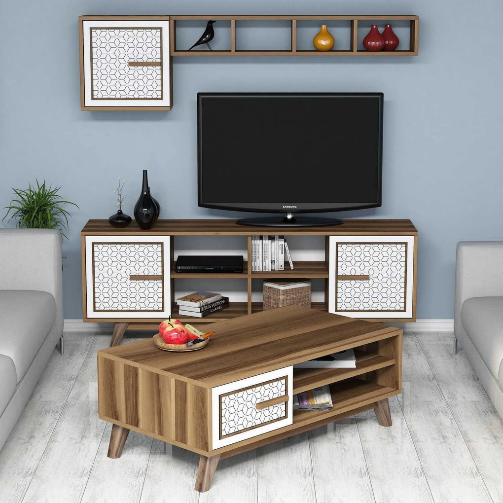 Conjunto de Mobiliário de Sala Ayla – Nogueira e Branco – TV Unit: 160