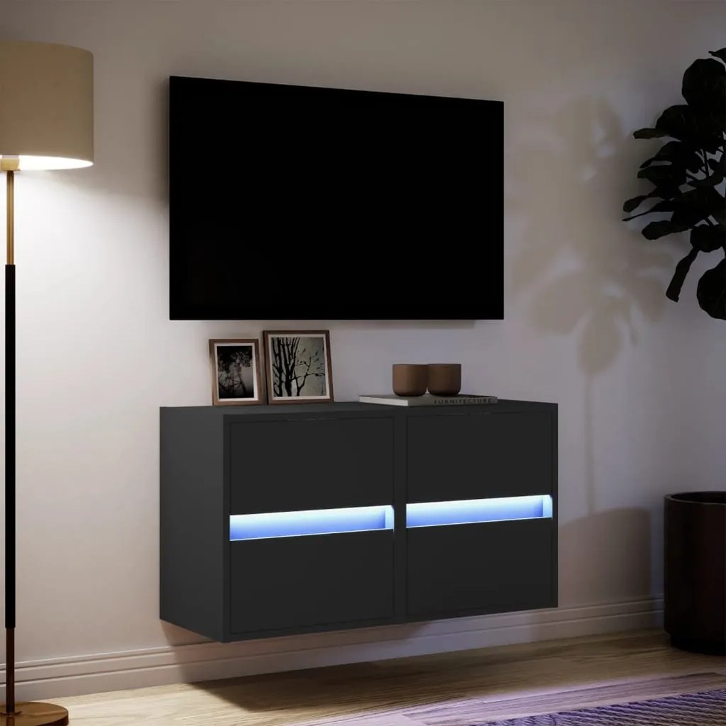 Móveis de parede p/ TV com luzes LED 2 pcs 41x31x45 cm preto