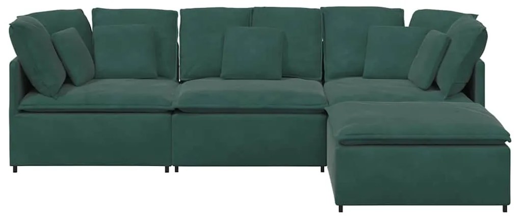 Sofá modular com pufes e almofadas veludo verde-escuro