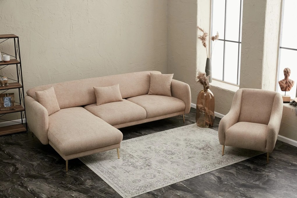 Sofá-Cama de Canto Simena – Bege Dourado – 266x133 cm