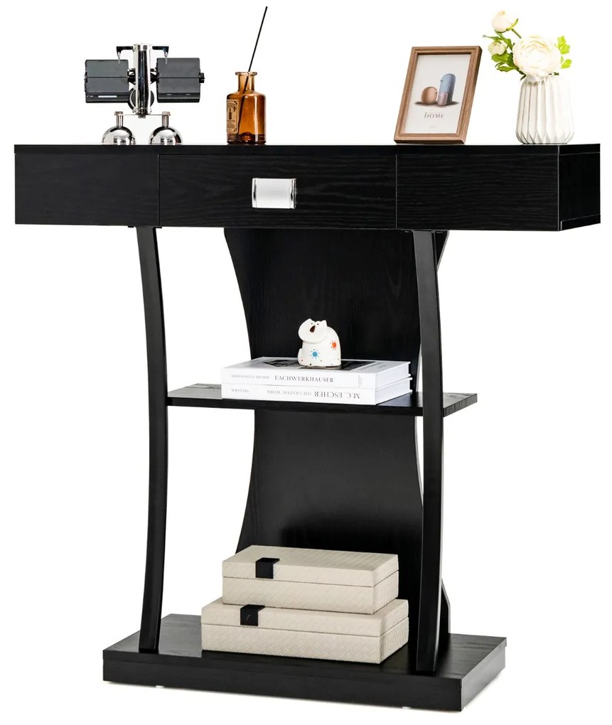 Mesa consola em forma de T com gaveta e Estantes moderna 91 x 30 x 88 cm Preta