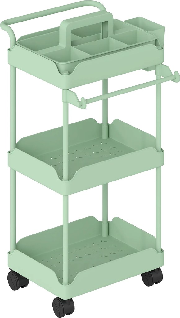 HOMCOM Carrinho Auxiliar com Rodas de 3 Níveis com Cestos Extraíveis Suporte para Toalhas e Estrutura de Metal 42x42,5x76 cm Verde | Aosom Portugal