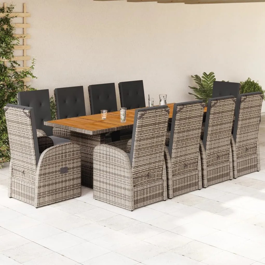 vidaXL 11 pcs conjunto jantar p/ jardim c/ almofadões vime PE cinzento