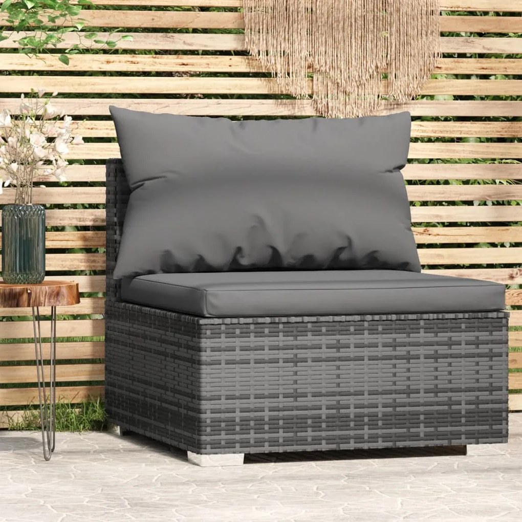 317515 vidaXL Sofá de centro para jardim com almofadões vime PE cinzento