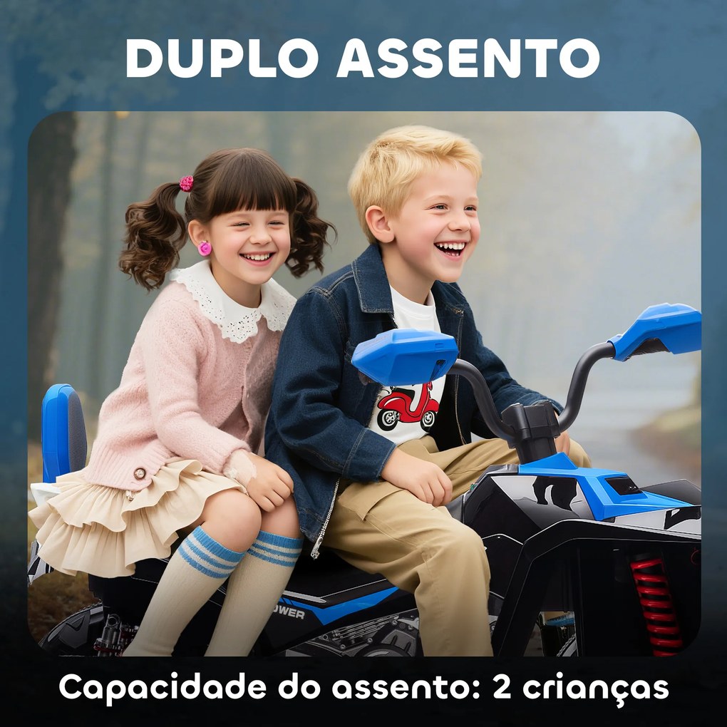 Moto 4 Elétrica para Crianças 24V com 2 Lugares 2 Motores Velocidade até 6,5 km/h Faróis Buzina Música e USB 109x68,5x76 cm Azul