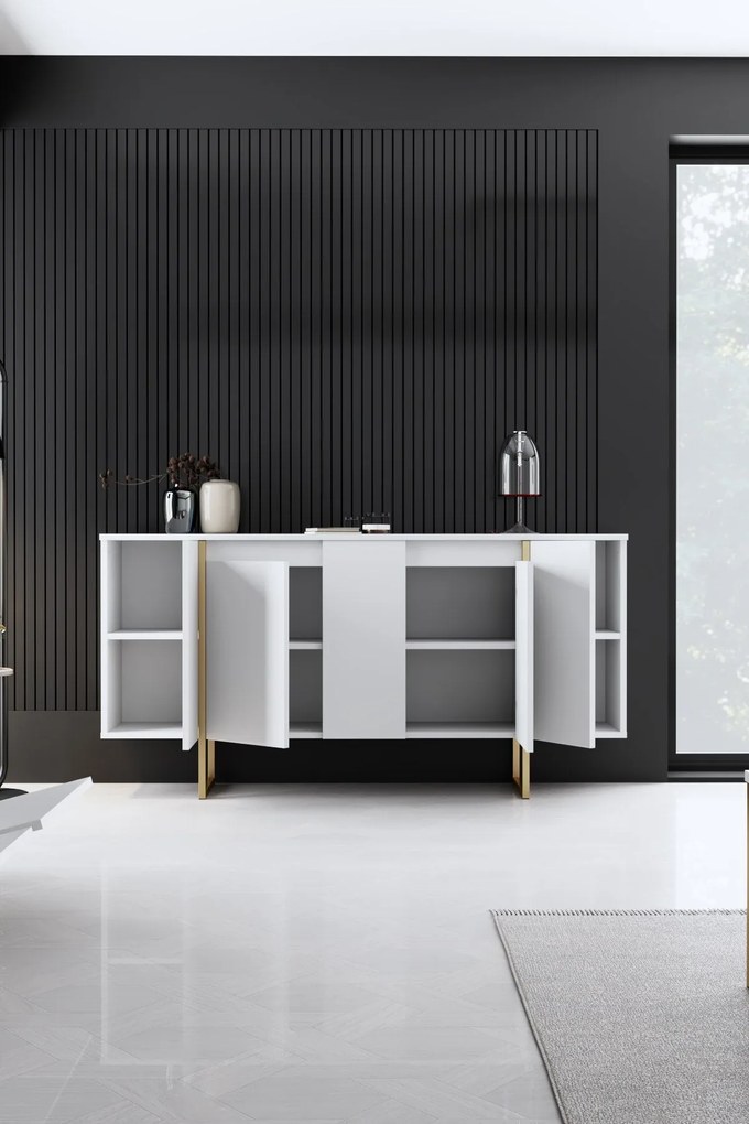 Aparador "Madrid" com 4 Portas - Branco e Dourado - 160x80x35 cm - Des