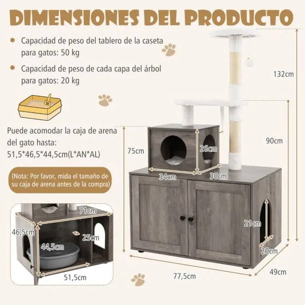 Caixa de areia para Gatos 2 em 1 com arranhador para Gatos, com esconderijo e divisão 77,5 x 49 x 132 cm Cinzento