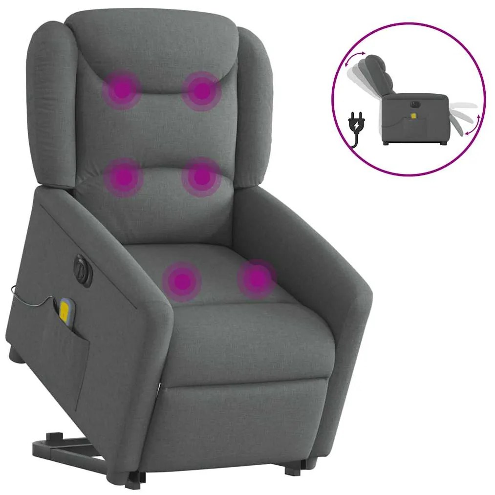 vidaXL Poltrona elétrica elevatória massagens tecido cinzento-escuro