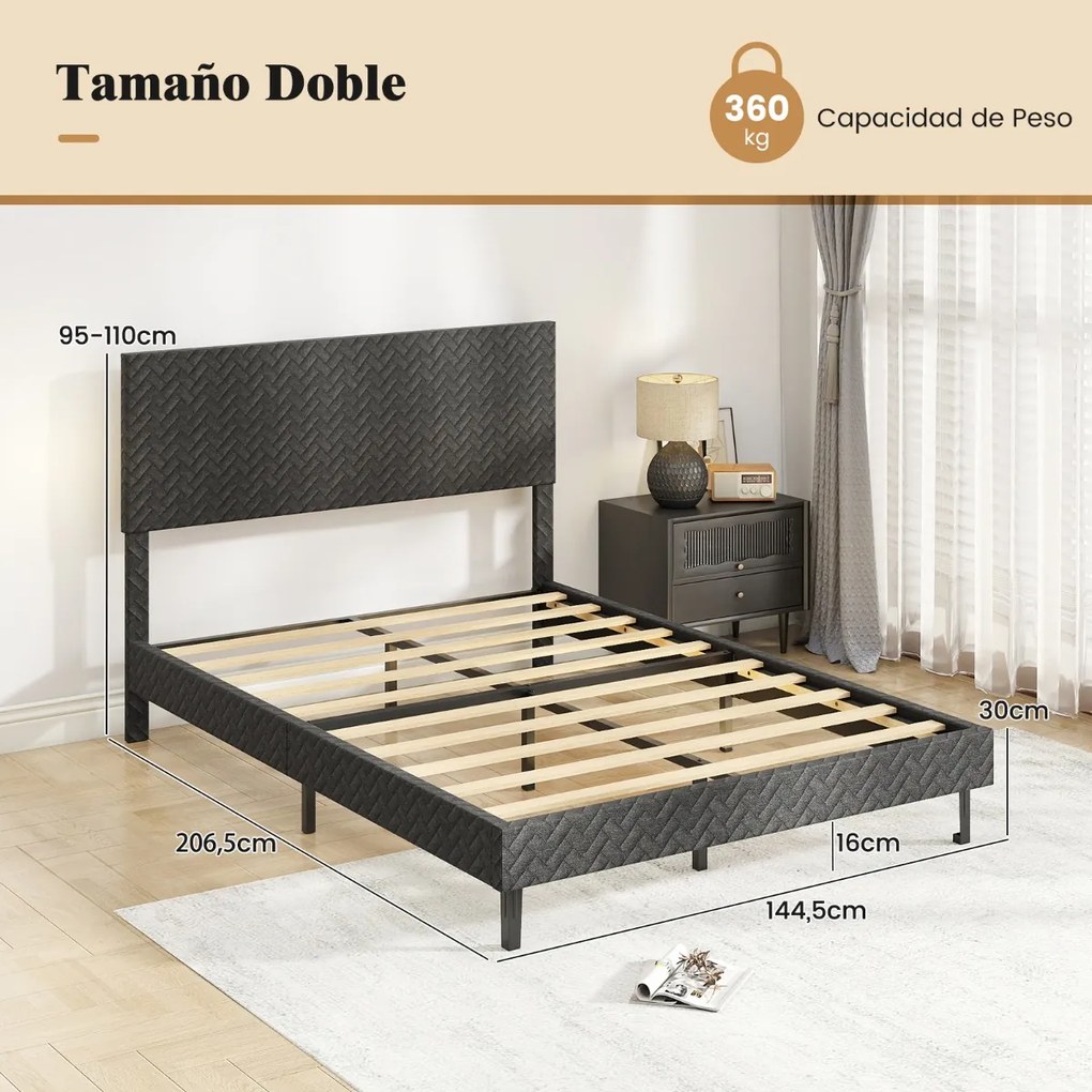 Estrutura de cama 140 x 200 cm com plataforma estofada (COLCHÃO NÃO INCLUIDO), cabeceira Chevron ajustável em altura e base de ripas de madeira incluí