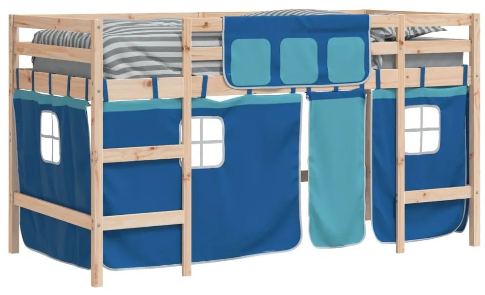 Cama alta p/ criança c/ cortinas 90x190 cm pinho maciço azul