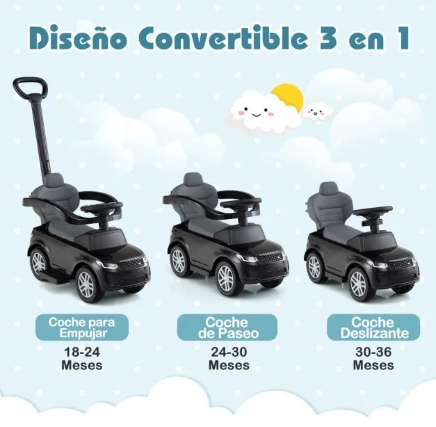 Carro de empurrar 3 em 1 para crianças de 18 a 36 meses com alça removível com buzina e som Preto