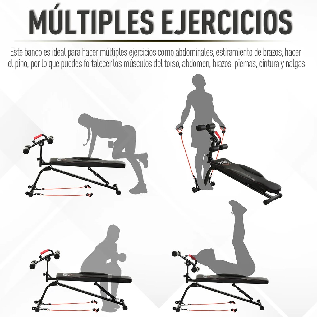HOMCOM Banco de Abdominais Dobrável com Altura Ajustável 4 Ângulos Suporte para Pernas Ergonómico Multifuncional Banco de Exercícios 44,5x143x84-92 cm Preto