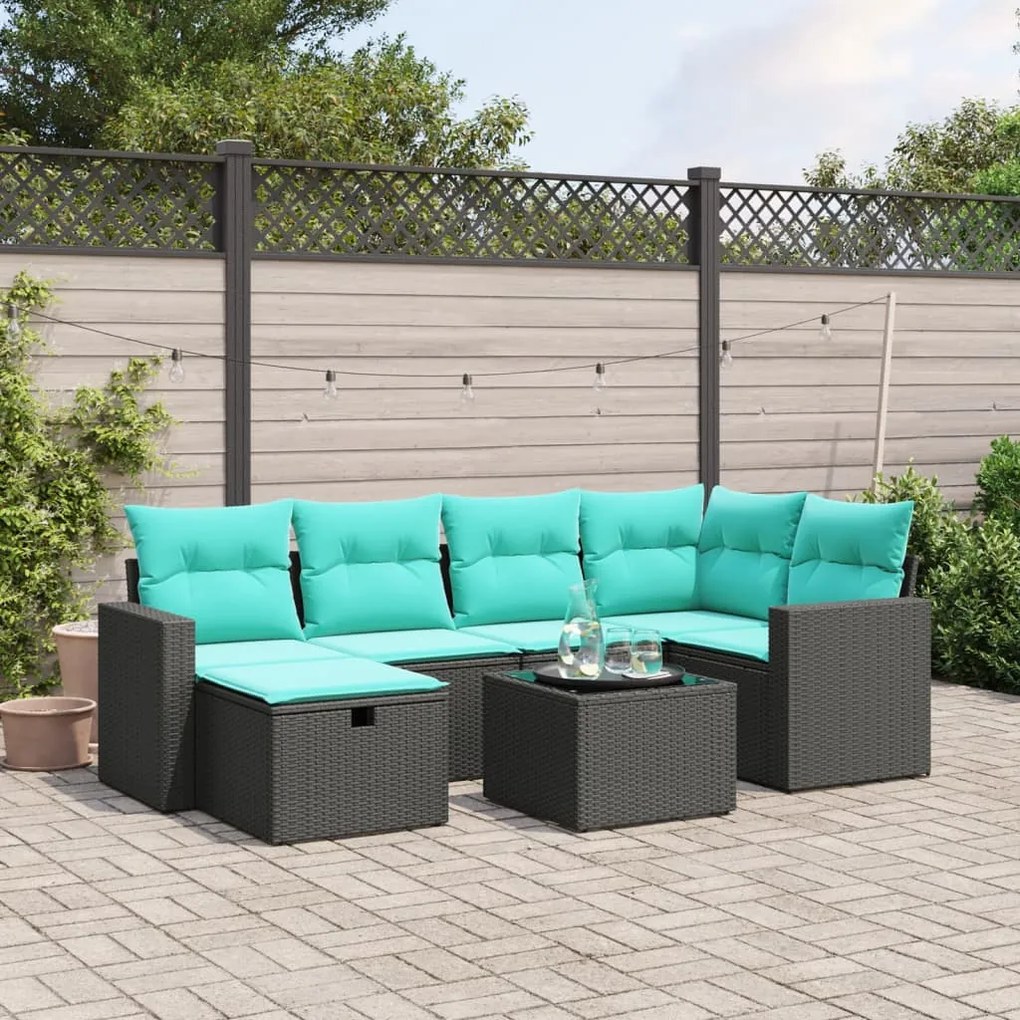 vidaXL 7 pcs conjunto de sofás p/ jardim c/ almofadões vime PE preto