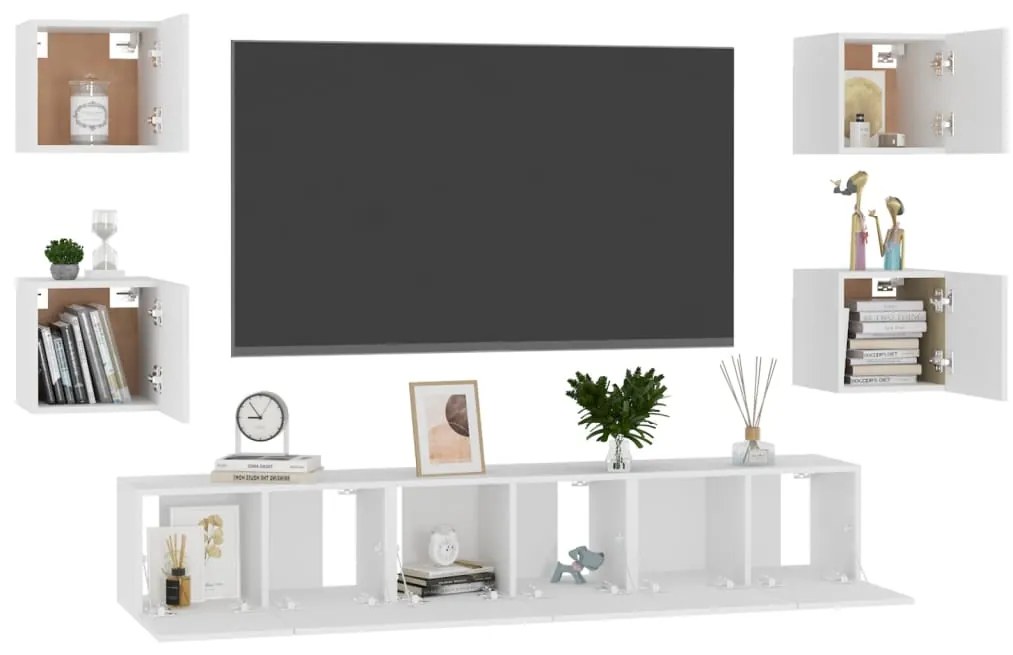 7 pcs conjunto de móveis de TV derivados de madeira branco