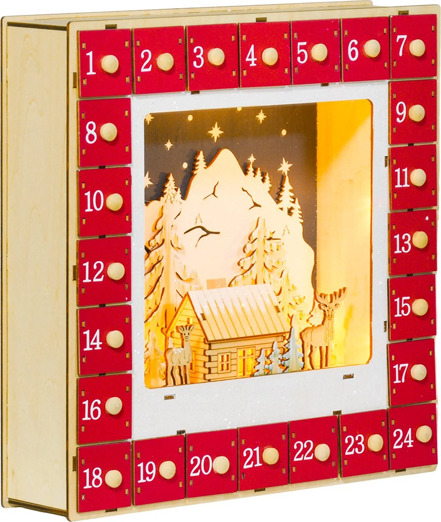HOMCOM Calendário Do Advento LED 24 Gavetas Madeira Vermelha | Aosom Portugal