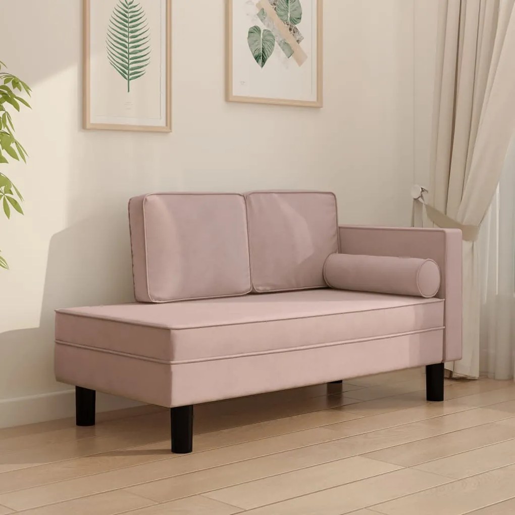 vidaXL Chaise longue com almofadões e rolo veludo rosa