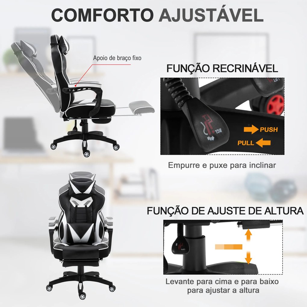 Cadeira de escritorio gaming ergonômica Altura Ajustável reclinável com apoio para pés Branco e Preto