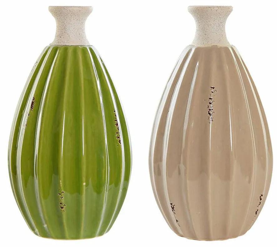 Vaso DKD Home Decor Porcelana Bege Verde Shabby Chic (15 x 15 x 26.5 cm) (2 pcs)