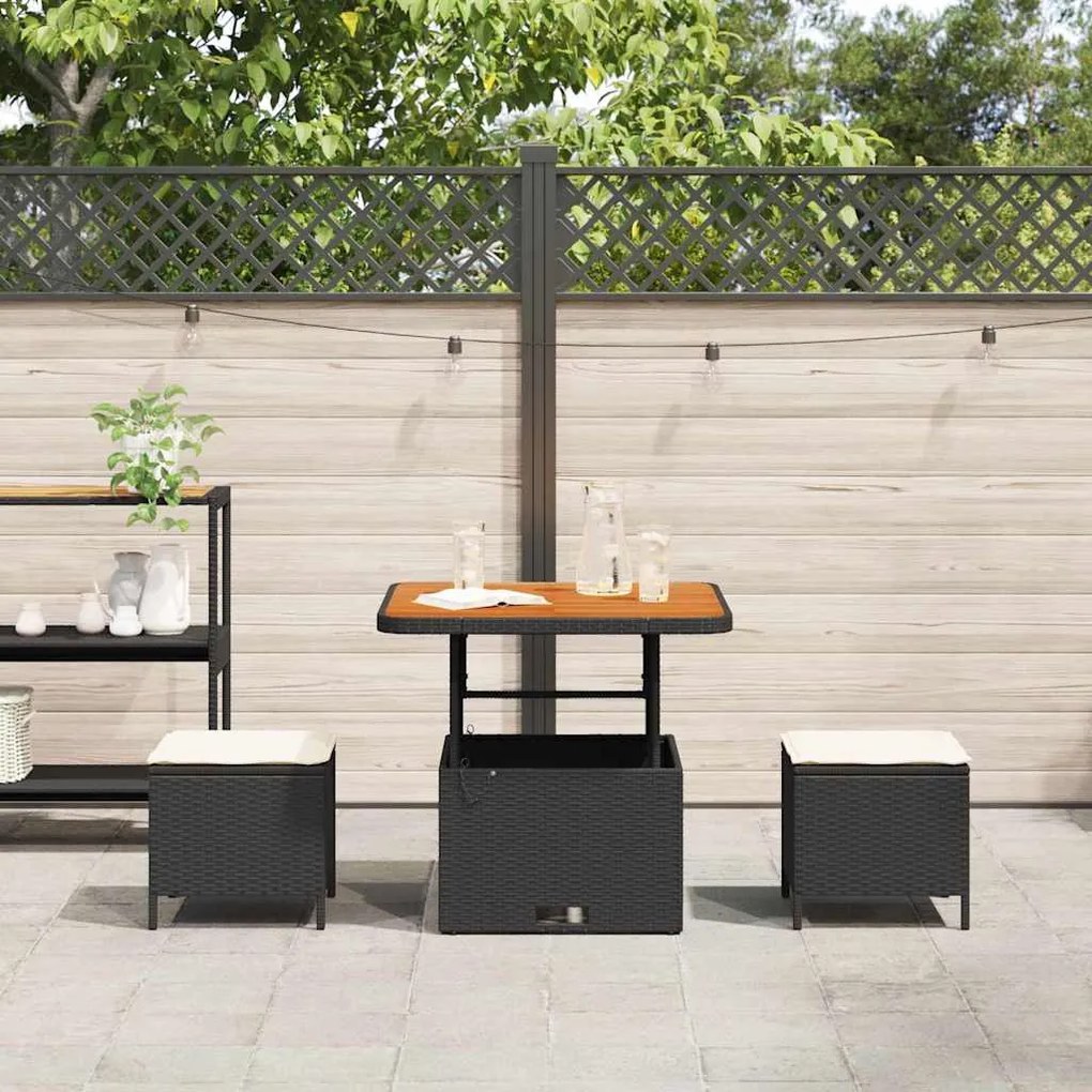 Conjunto de Jantar de Jardim com 3 Peças e Almofadas Preto em Rattan S