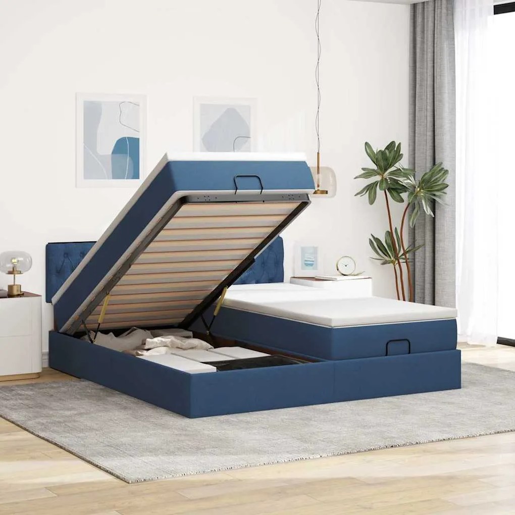 vidaXL Estrutura de cama otomana com colchões 160x200cm tecido azul