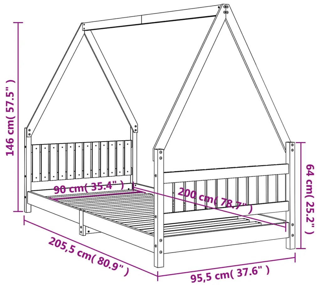 Estrutura de cama infantil 90x200 cm pinho maciço preto