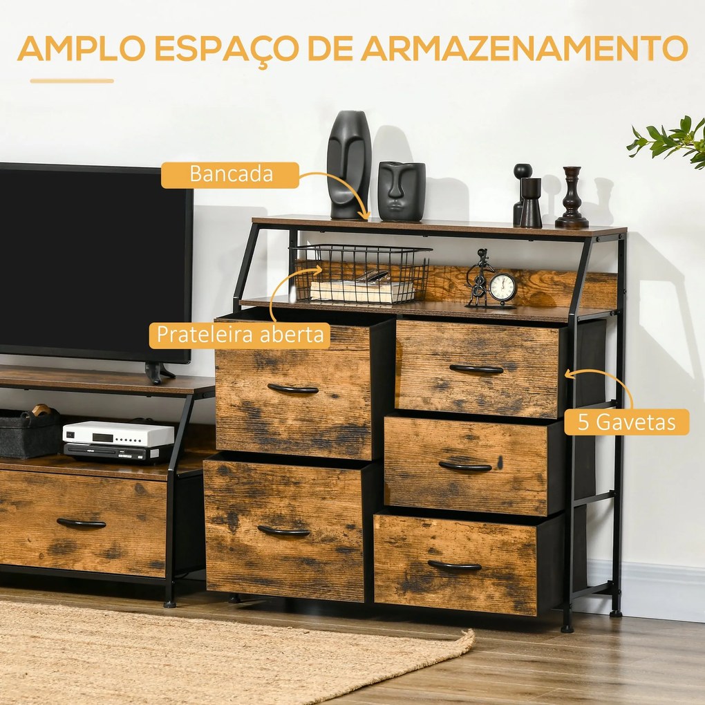 Cómoda com 5 Gavetas de Tecido Dobrável e Prateleira Aberta Armário de Armazenamento para Estudio Dormitório Estilo Industrial Anti-Tombo 83,5x29x87cm