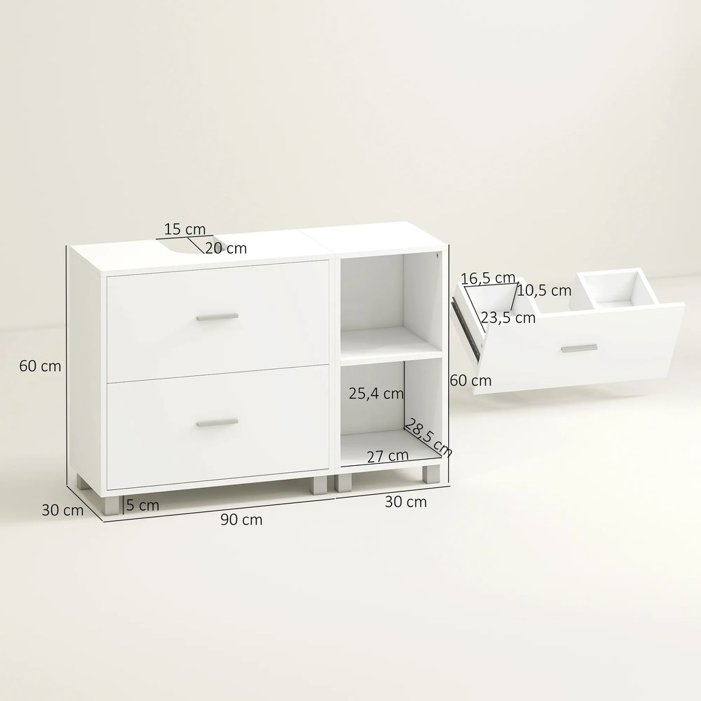 Móvel para Lavatório (NÃO INCLUIDO) de Casa de Banho com 2 Gavetas e 2 Prateleiras Abertas, para Lavatório com Pedestal, 90x30x60 cm, Branco