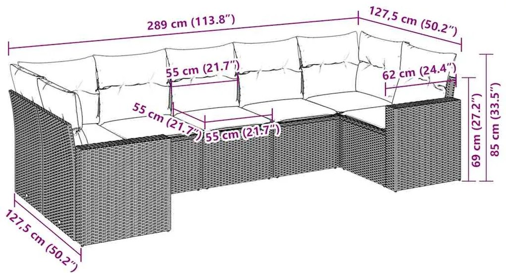 7 pcs conj. sofás jardim com almofadões vime PE cinzento-claro