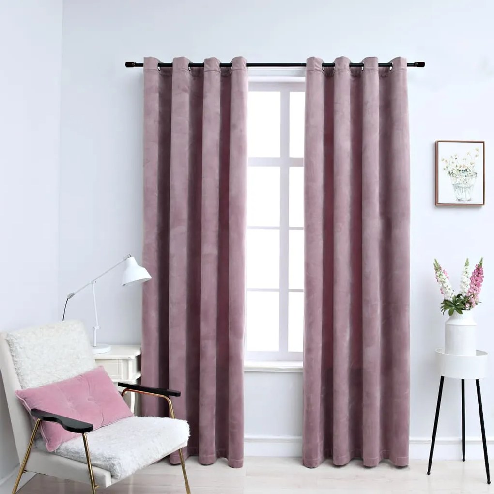 134522 vidaXL Cortinas blackout c/ argolas 2 pcs 140x245cm veludo rosa antigo