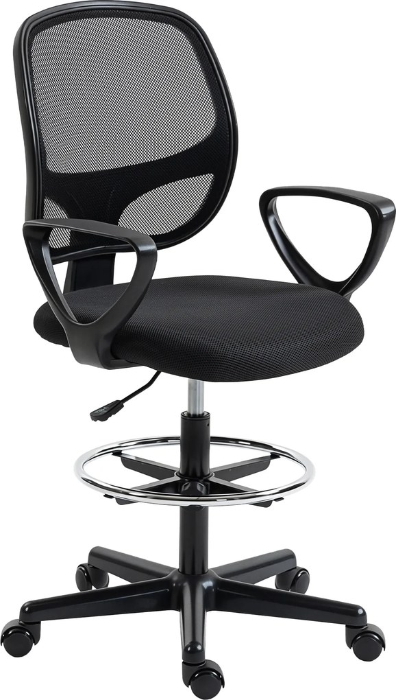 Cadeira de escritório ergonómica, cadeira de escritório com apoio para os pés e braços, altura ajustável, 59 x 58 x 103-123 cm, preta