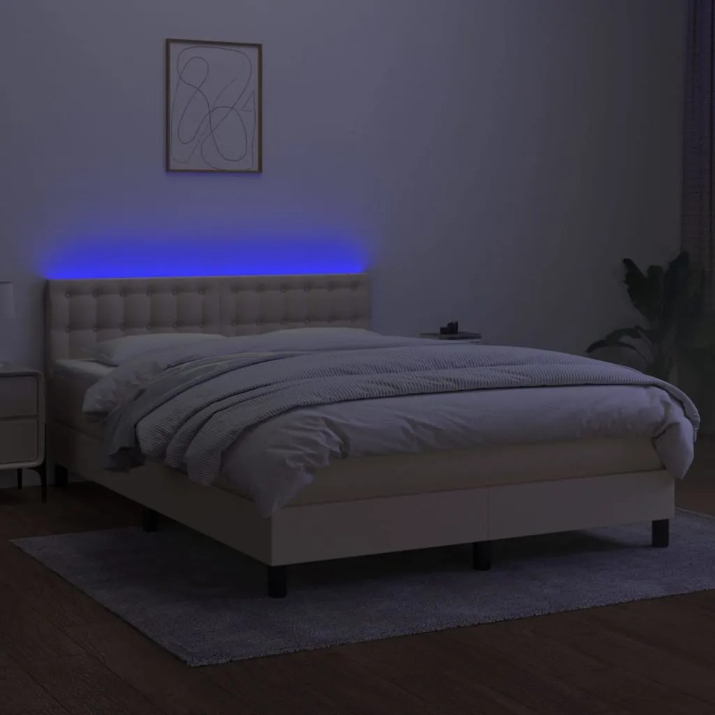 Cama box spring c/ colchão e LED 140x190 cm tecido cor creme