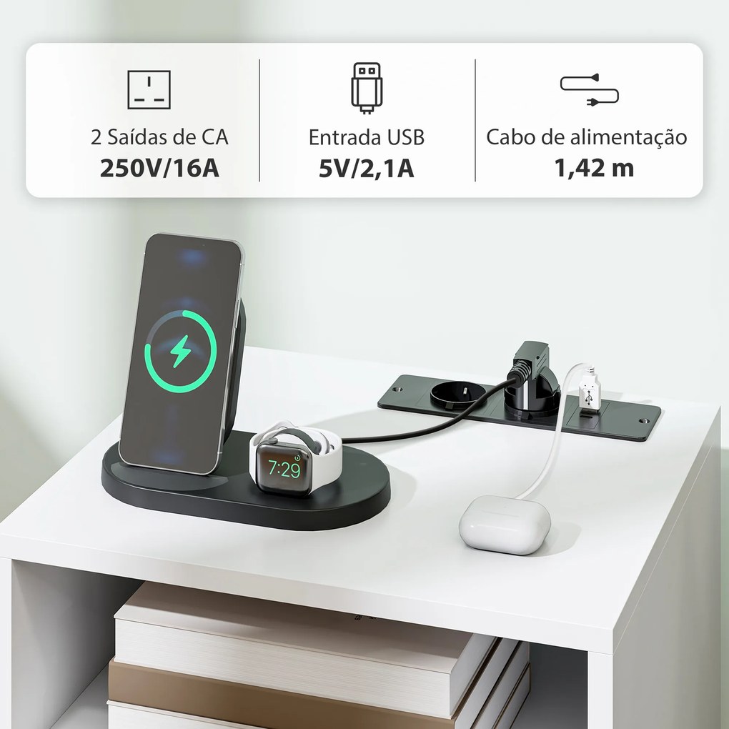 Mesa de Cabeceira com Estação de Carregamento Gaveta 2 Tomadas AC Porta USB e Tipo-C  40x35x54,7 cm Branco