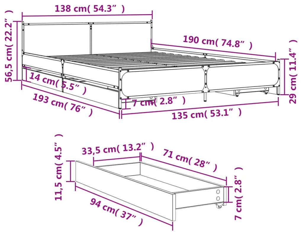 Estrutura de cama c/ gavetas 135x190 cm derivados madeira preto