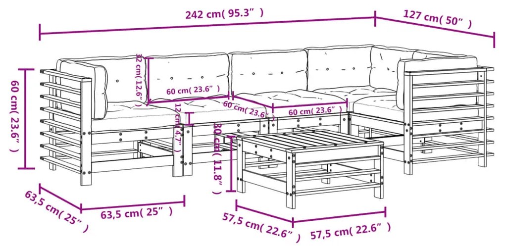 6 pcs conjunto lounge jardim com almofadões madeira maciça