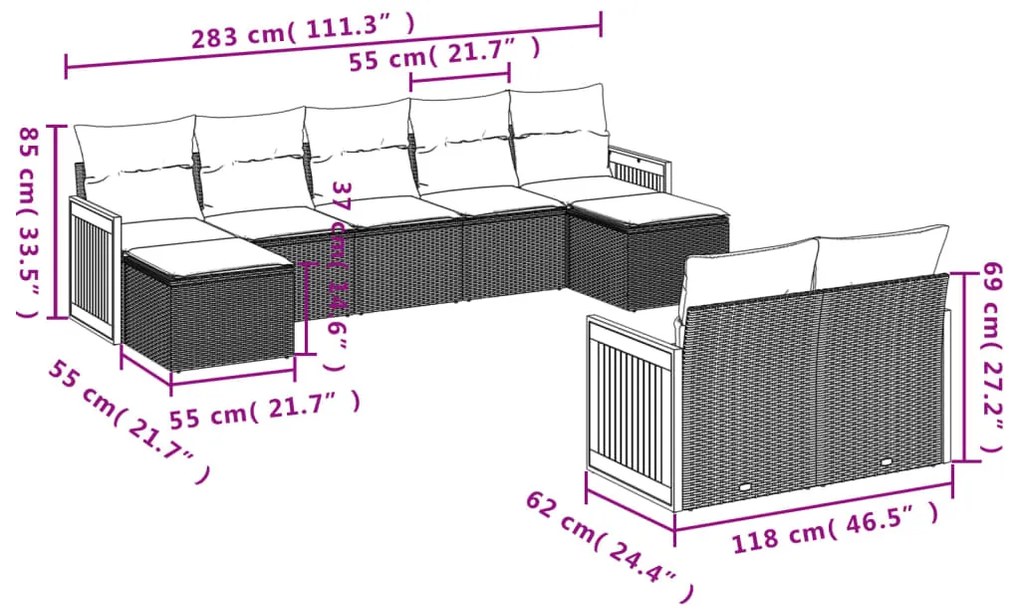 9 pcs conjunto de sofás p/ jardim com almofadões vime PE bege