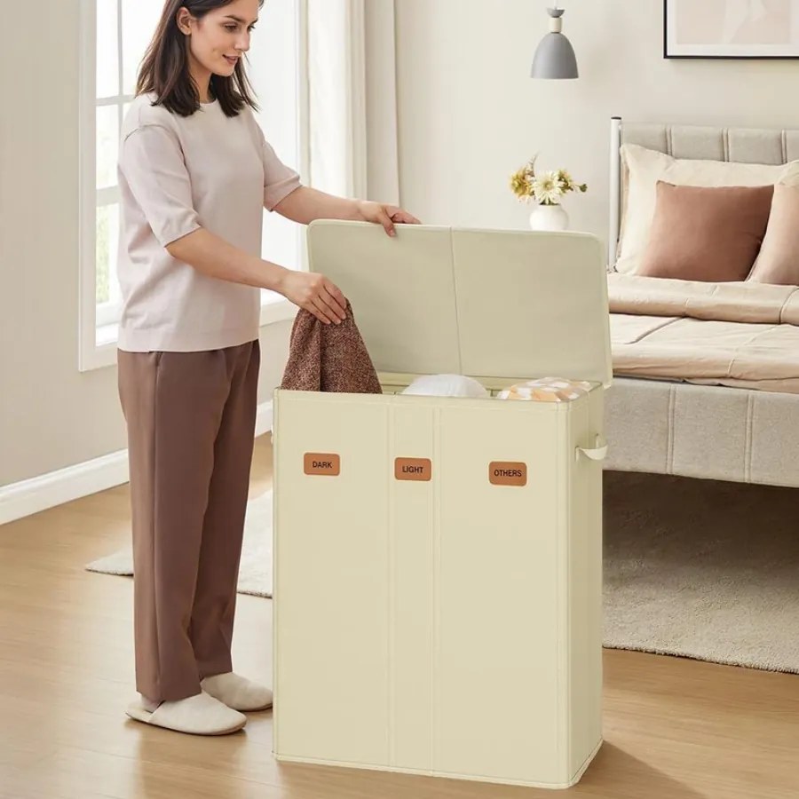 Cesto para roupa suja com três compartimentos (160L) 64 x 33 x 75 cm Creme